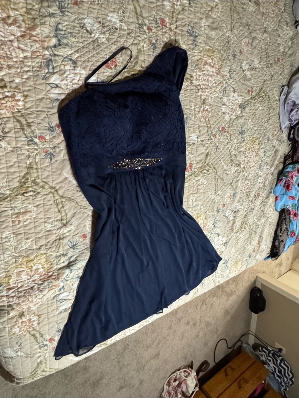Adrianna Papell Navy One-Shoulder Lace & Chiffon Dress with Beaded Waist